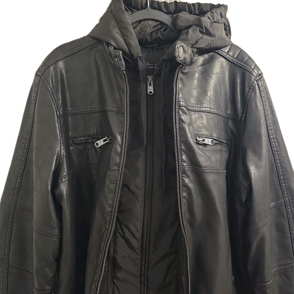 NEW Marc Anthony Faux Leather Biker Jacket Black Hooded Quilted Black Large